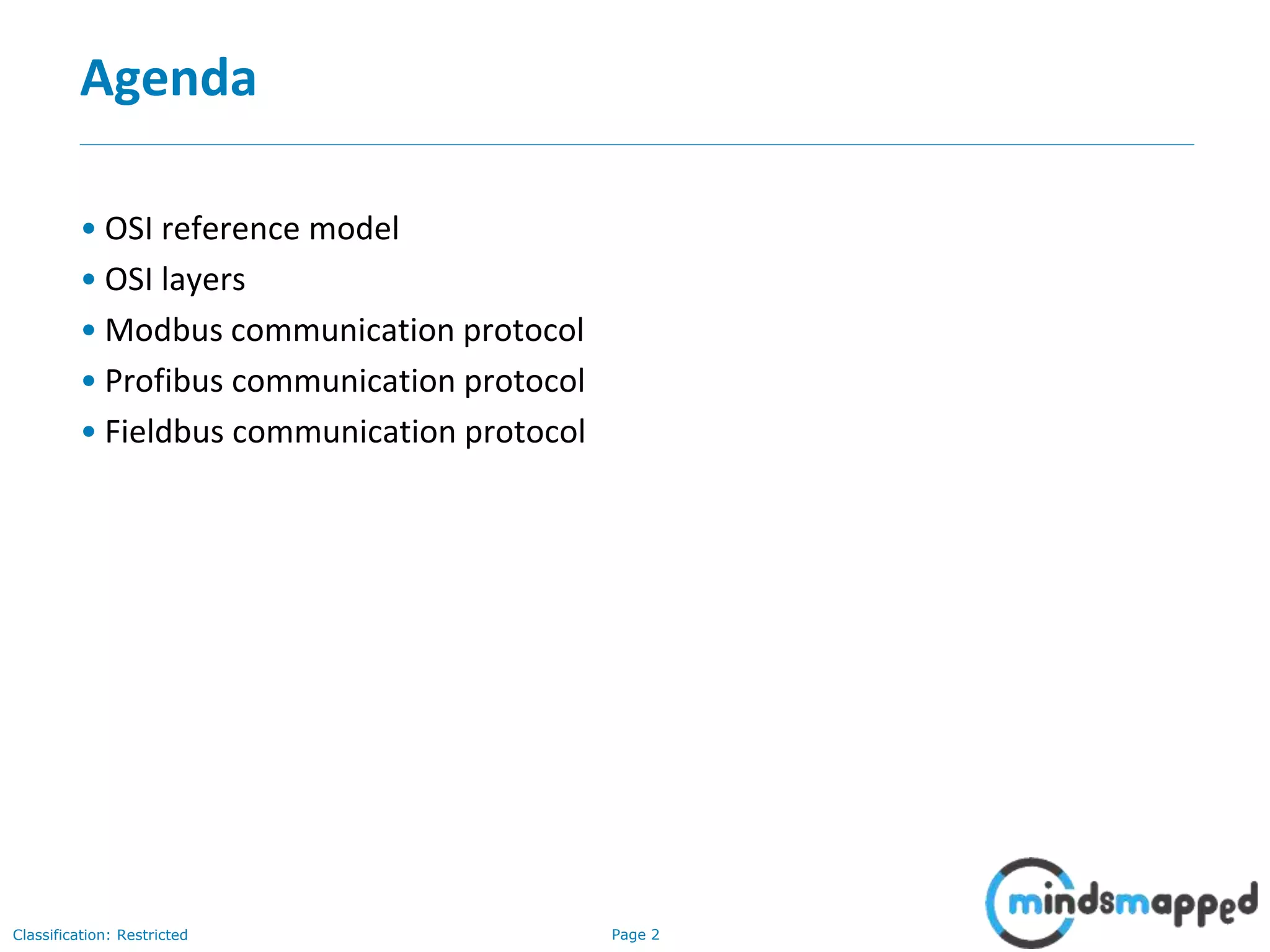 Page 2Classification: Restricted
Agenda
• OSI reference model
• OSI layers
• Modbus communication protocol
• Profibus communication protocol
• Fieldbus communication protocol
 