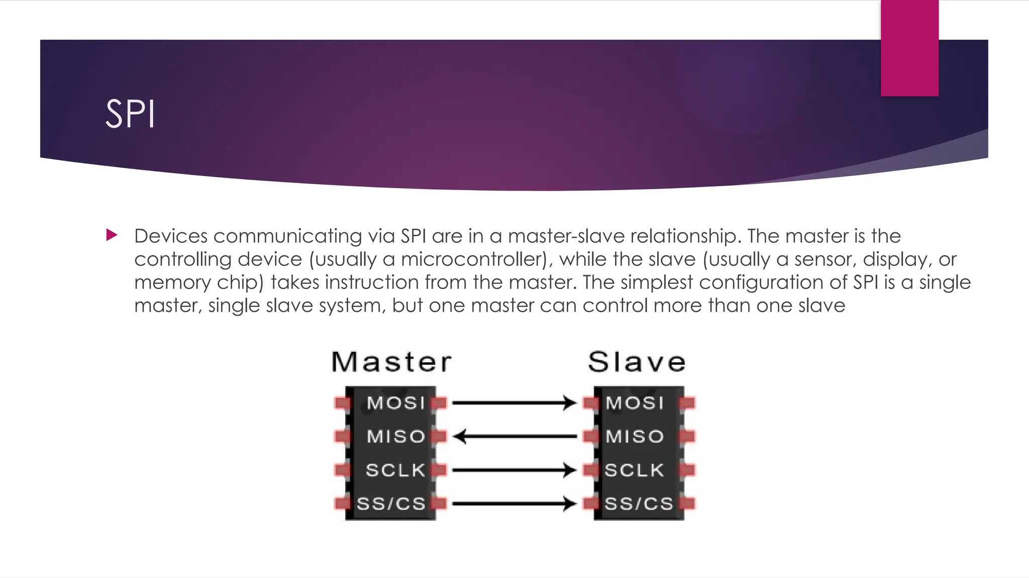 SPI
 Devices communicating via SPI are in a master-slave relationship. The master is the
controlling device (usually a microcontroller), while the slave (usually a sensor, display, or
memory chip) takes instruction from the master. The simplest configuration of SPI is a single
master, single slave system, but one master can control more than one slave
 