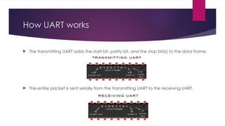 How UART works
 The transmitting UART adds the start bit, parity bit, and the stop bit(s) to the data frame:
 The entire packet is sent serially from the transmitting UART to the receiving UART.
 