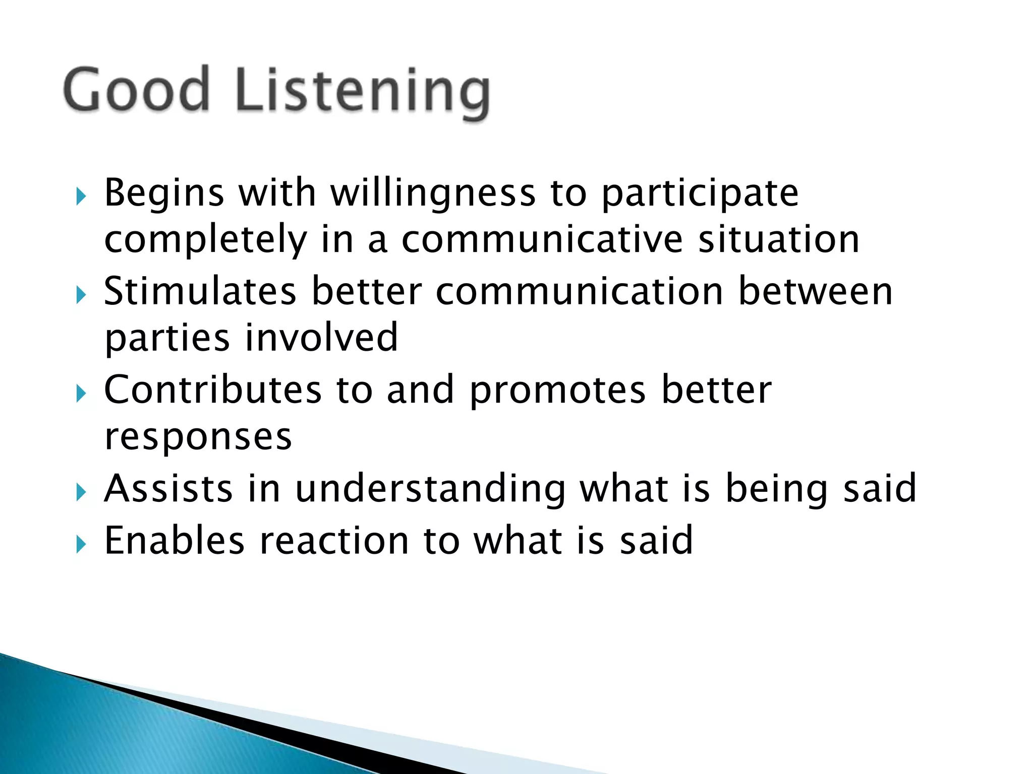 Begins with willingness to participate completely in a communicative situation Stimulates better communication between parties involved Contributes to and promotes better responses Assists in understanding what is being saidEnables reaction to what is said Good Listening