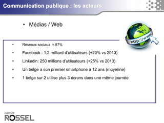Communication publique : les acteurs 
•Médias / Web 
Réseauxsociaux= 87% 
Facebook : 1,2 milliard d’utilisateurs(+20% vs 2013) 
Linkedin: 250 millions d’utilisateurs(+25% vs 2013) 
Un belgea son premier smartphone à 12 ans(moyenne) 
1 belgesur2 utilise plus 3 écransdansunemêmejournée  