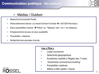 23Communication publique : les acteurs 
•Médias / Outdoor 
Media Environmental/ Public 
Particulièrementdense au travers Divers Formats ±60.300 Panneaux 
Deuxpossibilitésd’achat“Pièce” ou“Réseau” (de + en + en réseaux) 
Emplacements de plus en plus qualitatifs 
Possibilitéscréatives 
Multiplicitédes périodesd’achatLes «Plus» 
Large couverture 
Sélectivitégéographique 
Excellentevisibilité(! Règlesdes 7 mots) 
“Awareness (conscience) building” 
Possibilités créatives 
Médiaà effetrapide/ impuls  