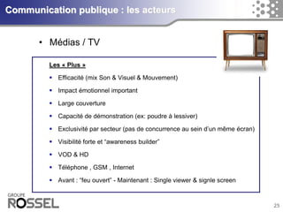 25Communication publique : les acteurs 
•Médias / TVLes «Plus» 
Efficacité (mix Son & Visuel & Mouvement) 
Impact émotionnelimportant 
Large couverture 
Capacitéde démonstration(ex: poudreà lessiver) 
Exclusivité par secteur (pas de concurrence au sein d’un même écran) 
Visibilitéforte et “awareness builder” 
VOD & HD 
Téléphone, GSM , Internet 
Avant : “feuouvert” -Maintenant: Single viewer & signlescreen  