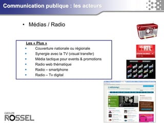 Les «Plus» 
Couverturenationaleourégionale 
Synergieavec la TV (visual transfer) 
Médiatactiquepour events & promotions 
Radio web thématique 
Radio –smartphone 
Radio –TvdigitalCommunication publique : les acteurs 
•Médias / Radio  