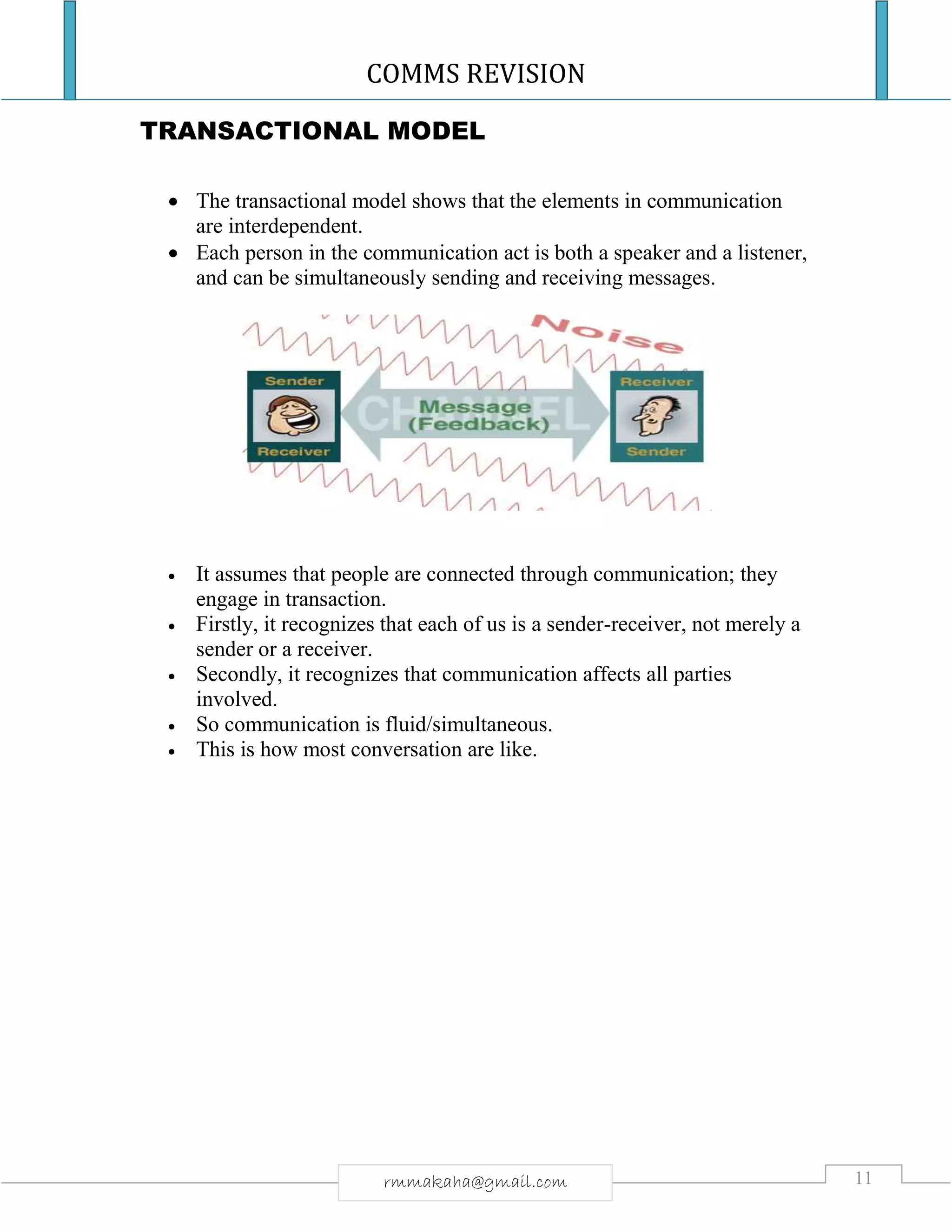 COMMS REVISION
11rmmakaha@gmail.com
TRANSACTIONAL MODEL
 The transactional model shows that the elements in communication
are interdependent.
 Each person in the communication act is both a speaker and a listener,
and can be simultaneously sending and receiving messages.
 It assumes that people are connected through communication; they
engage in transaction.
 Firstly, it recognizes that each of us is a sender-receiver, not merely a
sender or a receiver.
 Secondly, it recognizes that communication affects all parties
involved.
 So communication is fluid/simultaneous.
 This is how most conversation are like.
 