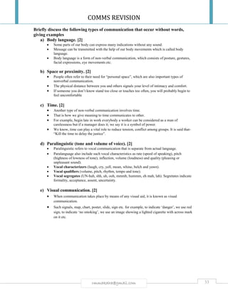 COMMS REVISION
33rmmakaha@gmail.com
Briefly discuss the following types of communication that occur without words,
giving examples
a) Body language. [2]
 Some parts of our body can express many indications without any sound.
 Message can be transmitted with the help of our body movements which is called body
language.
 Body language is a form of non-verbal communication, which consists of posture, gestures,
facial expressions, eye movements etc.
b) Space or proximity. [2]
 People often refer to their need for “personal space”, which are also important types of
nonverbal communication.
 The physical distance between you and others signals your level of intimacy and comfort.
 If someone you don’t know stand too close or touches too often, you will probably begin to
feel uncomfortable
c) Time. [2]
 Another type of non-verbal communication involves time.
 That is how we give meaning to time communicates to other.
 For example, begin late in work everybody a worker can be considered as a man of
carelessness but if a manager does it; we say it is a symbol of power.
 We know, time can play a vital role to reduce tension, conflict among groups. It is said that-
“Kill the time to delay the justice”.
d) Paralinguistic (tone and volume of voice). [2]
 Paralinguistic refers to vocal communication that is separate from actual language.
 Paralanguage also include such vocal characteristics as rate (speed of speaking), pitch
(highness of lowness of tone), inflection, volume (loudness) and quality (pleasing or
unpleasant sound).
 Vocal characterizers (laugh, cry, yell, moan, whine, belch and yawn).
 Vocal qualifiers (volume, pitch, rhythm, tempo and tone).
 Vocal segregates (UN-huh, shh, uh, ooh, mmmh, hummm, eh mah, lah). Segretates indicate
formality, acceptance, assent, uncertainty.
e) Visual communication. [2]
 When communication takes place by means of any visual aid, it is known as visual
communication.
 Such signals, map, chart, poster, slide, sign etc. for example, to indicate ‘danger’, we use red
sign, to indicate ‘no smoking’, we use an image showing a lighted cigarette with across mark
on it etc.
 