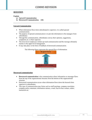 COMMS REVISION
44rmmakaha@gmail.com
QUESTION
Explain
a) Upward Communication
b) Downward Communication. [10]
Upward Communication
 When information flows form subordinated to superiors, it is called upward
communication.
 The purpose of upward communication is to provide information to the managers from
subordinates.
 Through this communication, subordinates convey their opinions, suggestions,
complaints etc. to their superiors.
 The lower-level employees initiate up-ward communication and the message ultimately
reaches to the upper-level management.
 It may take place in the form of feedback of downward communication.
The following figure represents the upward flow of information:
Downward communication
 Downward communication is the communication where information or messages flows
from the top of the organizational structure from the bottom of the organizational
structure.
 Downward communication occurs when information flows down the hierarch form
superiors to subordinates.
 This type of communication may forms such as staff meetings, company newsletter,
company policy statement, information memos, e-mail, face-to-face contact, orders,
instruction etc.
 