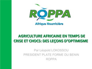 Afrique Nourricière

AGRICULTURE AFRICAINE EN TEMPS DE
CRISE ET CHOCS: DES LEÇONS D’OPTIMISME
Par Léopold LOKOSSOU
PRESIDE...