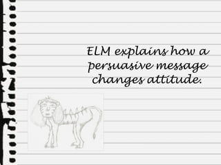 ELM explains how a persuasive message changes attitude. 
