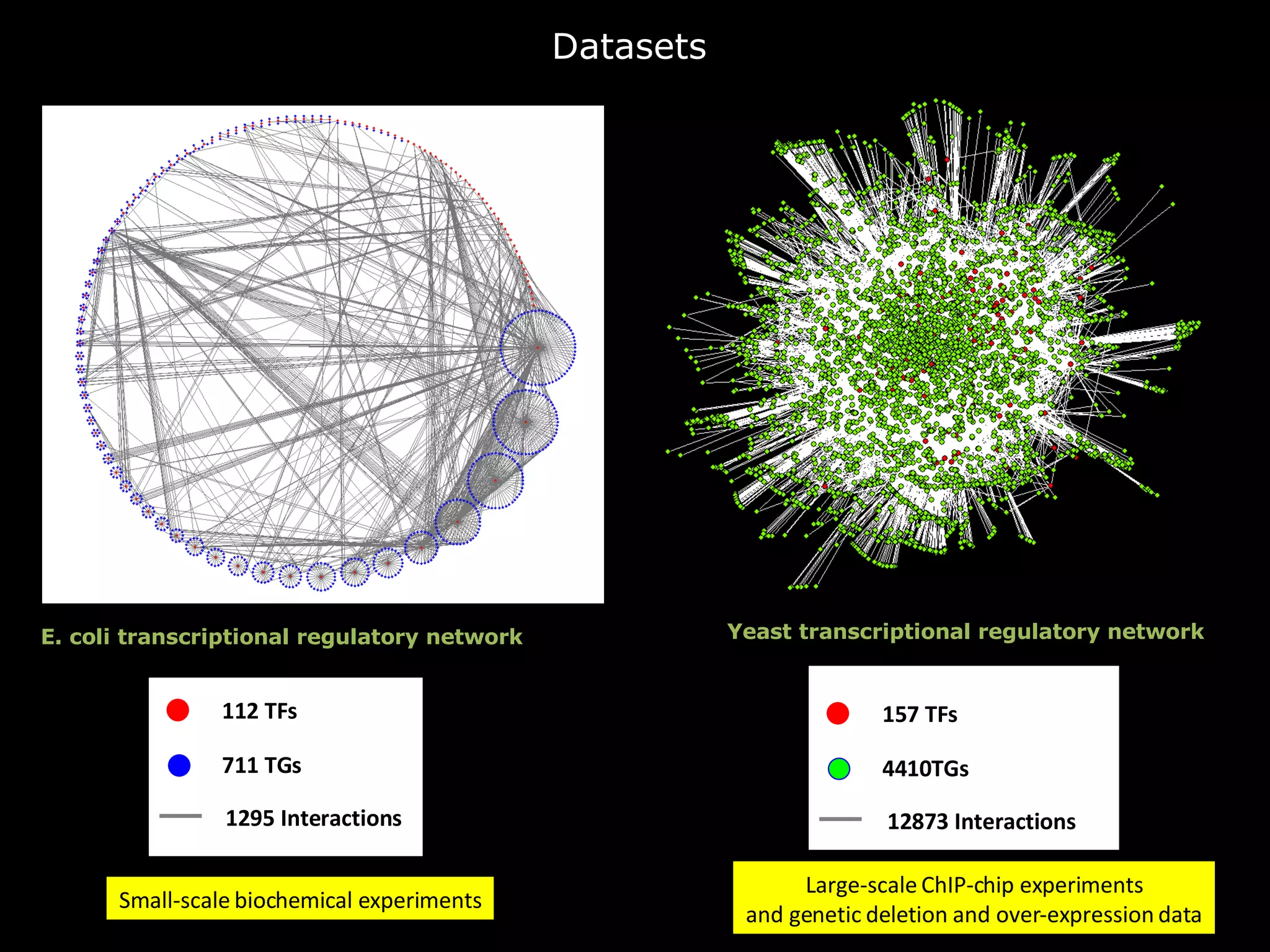 112 TFs 711 TGs 1295 Interactions E. coli transcriptional regulatory network Small-scale biochemical experiments Large-scale ChIP-chip experiments and genetic deletion and over-expression data 157 TFs 4410TGs 12873 Interactions Datasets Yeast transcriptional regulatory network 