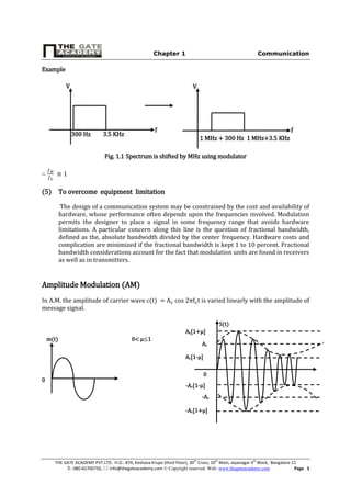 Chapter 1 Communication
THE GATE ACADEMY PVT.LTD. H.O.: #74, Keshava Krupa (third Floor), 30th
Cross, 10th
Main, Jayanagar 4th
Block, Bangalore-11
: 080-65700750,  info@thegateacademy.com © Copyright reserved. Web: www.thegateacademy.com Page 3
Example
Fig. 1.1 Spectrum is shifted by MHz using modulator
1
(5) To overcome equipment limitation
The design of a communication system may be constrained by the cost and availability of
hardware, whose performance often depends upon the frequencies involved. Modulation
permits the designer to place a signal in some frequency range that avoids hardware
limitations. A particular concern along this line is the question of fractional bandwidth,
defined as the, absolute bandwidth divided by the center frequency. Hardware costs and
complication are minimized if the fractional bandwidth is kept 1 to 10 percent. Fractional
bandwidth considerations account for the fact that modulation units are found in receivers
as well as in transmitters.
Amplitude Modulation (AM)
In A.M. the amplitude of carrier wave c(t) = cos 2πf t is varied linearly with the amplitude of
message signal.
0
Ac[1+μ]
Ac
Ac[1-μ]
0
-Ac[1-μ]
-Ac
-Ac[1+μ]
m(t) 0< μ 1
S(t)
1 MHz + 300 Hz 1 MHz+3.5 KHz
300 Hz 3.5 KHz
V
f
V
f
 