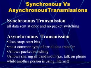 Graham Betts
Synchronous Transmission
all data sent at once and no packet switching
Asynchronous Transmission
•Uses stop/ start bits
•most common type of serial data transfer
•Allows packet switching
•Allows sharing of bandwidth (i.e. talk on phone
while another person is using internet)
Synchronous Vs
AsynchronousTransmissions
 