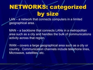 Graham Betts
LAN – a network that connects computers in a limited
geographical area.
MAN – a backbone that connects LANs in a metropolitan
area such as a city and handles the bulk of communications
activity across that region.
WAN – covers a large geographical area such as a city or
country. Communication channels include telephone lines,
Microwave, satellites, etc.
NETWORKS: categorized
by size
 