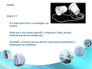 CANAL
É o meio para levar a mensagem ao
recetor
Pode ser a voz (canal natural), a imprensa, fotos, jornais,
internet (canais tecnológicos)…
Exemplo: o manual que os alunos usam para acompanhar a
explicação do professor.
Quem é ?
 