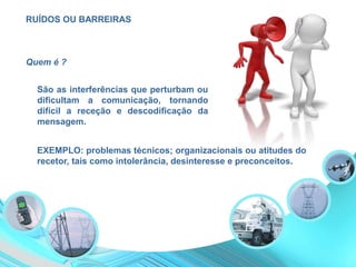 RUÍDOS OU BARREIRAS
São as interferências que perturbam ou
dificultam a comunicação, tornando
difícil a receção e descodificação da
mensagem.
EXEMPLO: problemas técnicos; organizacionais ou atitudes do
recetor, tais como intolerância, desinteresse e preconceitos.
Quem é ?
 