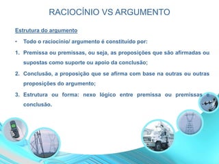 RACIOCÍNIO VS ARGUMENTO
Estrutura do argumento
• Todo o raciocínio/ argumento é constituído por:
1. Premissa ou premissas, ou seja, as proposições que são afirmadas ou
supostas como suporte ou apoio da conclusão;
2. Conclusão, a proposição que se afirma com base na outras ou outras
proposições do argumento;
3. Estrutura ou forma: nexo lógico entre premissa ou premissas e
conclusão.
 