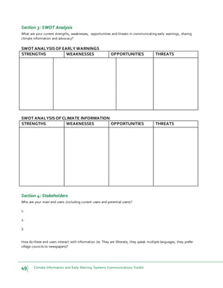 49 Climate Information and Early Warning Systems Communications Toolkit
Section 3: SWOT Analysis
What are your current strengths, weaknesses, opportunities and threats in communicating early warnings, sharing
climate information and advocacy?
SWOT ANALYSIS OF EARLY WARNINGS
STRENGTHS WEAKNESSES OPPORTUNITIES THREATS
SWOT ANALYSIS OF CLIMATE INFORMATION
STRENGTHS WEAKNESSES OPPORTUNITIES THREATS
Section 4: Stakeholders
Who are your main end users (including current users and potential users)?
1.
2.
3.
How do these end users interact with information (ie. They are illiterate, they speak multiple languages, they prefer
village councils to newspapers)?
 