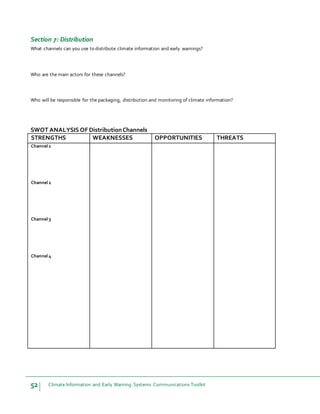 52 Climate Information and Early Warning Systems Communications Toolkit
Section 7: Distribution
What channels can you use to distribute climate information and early warnings?
Who are the main actors for these channels?
Who will be responsible for the packaging, distribution and monitoring of climate information?
SWOT ANALYSIS OF DistributionChannels
STRENGTHS WEAKNESSES OPPORTUNITIES THREATS
Channel 1
Channel 2
Channel 3
Channel 4
 