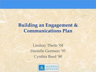 Building an Engagement & Communications Plan Lindsay Theile  ‘04 Danielle Germain  ‘93 Cynthia Reed  ‘80 