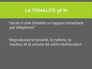 LA TONALITÉ 38 %
Serait-il utile d’établir un rapport instantané
par téléphone?
Reproduisez la tonalité, le rythme, la
hauteur et le volume de votre interlocuteur
 