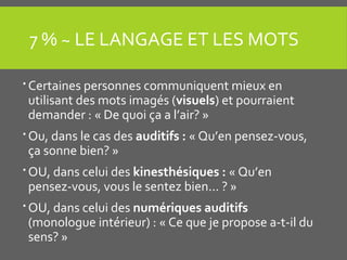 7 % ~ LE LANGAGE ET LES MOTS
 Certaines personnes communiquent mieux en
utilisant des mots imagés (visuels) et pourraient
demander : « De quoi ça a l’air? »
 Ou, dans le cas des auditifs : « Qu’en pensez-vous,
ça sonne bien? »
 OU, dans celui des kinesthésiques : « Qu’en
pensez-vous, vous le sentez bien... ? »
 OU, dans celui des numériques auditifs
(monologue intérieur) : « Ce que je propose a-t-il du
sens? »
 