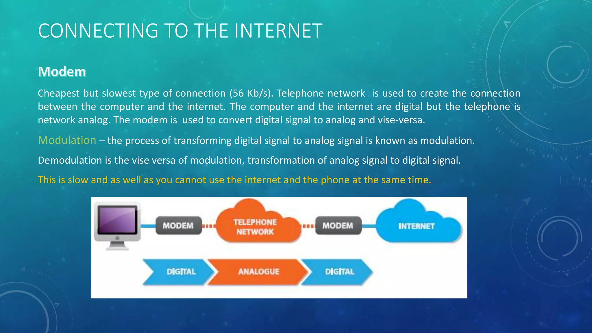CONNECTING TO THE INTERNET
Cheapest but slowest type of connection (56 Kb/s). Telephone network is used to create the connection
between the computer and the internet. The computer and the internet are digital but the telephone is
network analog. The modem is used to convert digital signal to analog and vise-versa.
Modulation – the process of transforming digital signal to analog signal is known as modulation.
Demodulation is the vise versa of modulation, transformation of analog signal to digital signal.
This is slow and as well as you cannot use the internet and the phone at the same time.
 