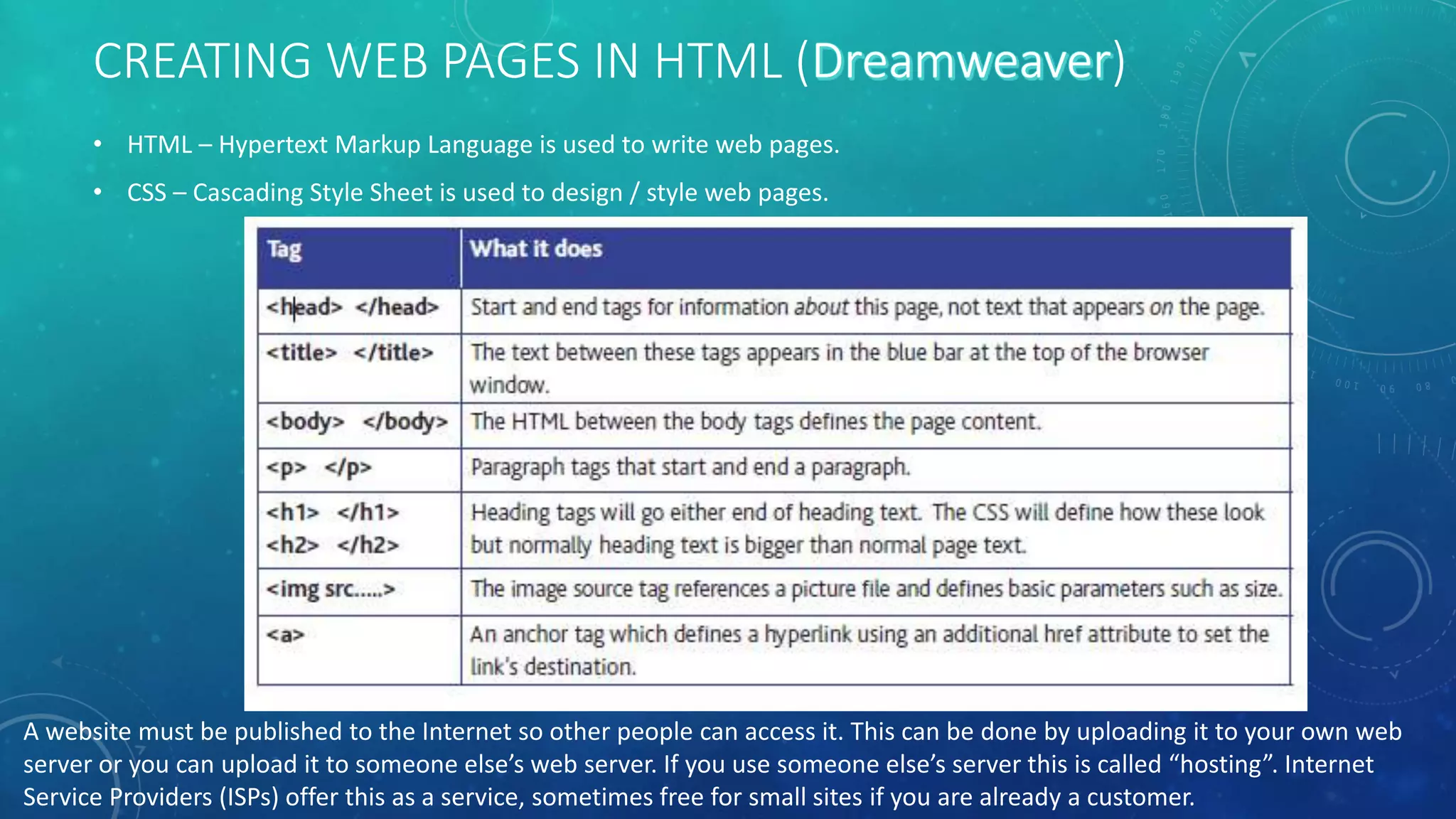 CREATING WEB PAGES IN HTML ( )
• HTML – Hypertext Markup Language is used to write web pages.
• CSS – Cascading Style Sheet is used to design / style web pages.
A website must be published to the Internet so other people can access it. This can be done by uploading it to your own web
server or you can upload it to someone else’s web server. If you use someone else’s server this is called “hosting”. Internet
Service Providers (ISPs) offer this as a service, sometimes free for small sites if you are already a customer.
 