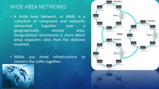 WIDE AREA NETWORKS
• A Wide Area Network, or WAN, is a
collection of computers and networks
connected together over a
geographically remote area.
Geographical remoteness is more about
what separates sites than the distance
involved.
• WANs use hired infrastructure to
connect the LANs together.
 