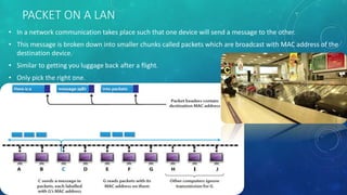 PACKET ON A LAN
• In a network communication takes place such that one device will send a message to the other.
• This message is broken down into smaller chunks called packets which are broadcast with MAC address of the
destination device.
• Similar to getting you luggage back after a flight.
• Only pick the right one.
 