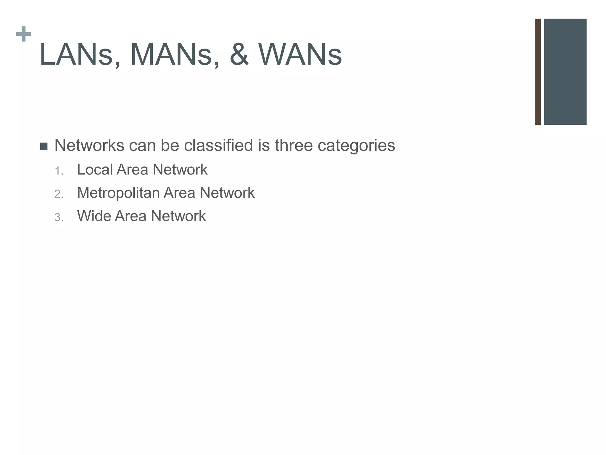 +
    LANs, MANs, & WANs

       Networks can be classified is three categories
        1.   Local Area Network
        2.   Metropolitan Area Network
        3.   Wide Area Network
 