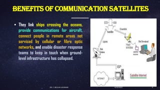 BENEFITS OF COMMUNICATION SATELLITES
▪ They link ships crossing the oceans,
provide communications for aircraft,
connect people in remote areas not
serviced by cellular or fibre optic
networks, and enable disaster response
teams to keep in touch when ground-
level infrastructure has collapsed.
4/19/2022
DR. C. BEULAH JAYARANI 3
 