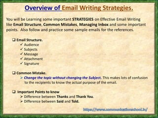 Overview of Email Writing Strategies.
You will be Learning some important STRATEGIES on Effective Email Writing
like Email Structure, Common Mistakes, Managing Inbox and some important
points. Also follow and practice some sample emails for the references.
 Email Structure.
 Audience
 Subjects
 Message
 Attachment
 Signature
 Common Mistake.
 Change the topic without changing the Subject. This makes lots of confusion
to the recipients to know the actual purpose of the email.
 Important Points to know
 Difference between Thanks and Thank You.
 Difference between Said and Told.
 