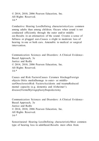 © 2014, 2010, 2006 Pearson Education, Inc.
All Rights Reserved.
14-*
Conductive Hearing LossDefining characteristicsLess common
among adults than among children. Occurs when sound is not
conducted efficiently through the outer and/or middle
ear.Results in an attenuation of the sound. Creates a sense of
fullness or plugged ears.Causes a slight to moderate loss of
hearing in one or both ears. Amenable to medical or surgical
intervention.
Communication Sciences and Disorders: A Clinical Evidence-
Based Approach, 3e
Justice and Redle
© 2014, 2010, 2006 Pearson Education, Inc.
All Rights Reserved.
14-*
Causes and Risk FactorsCauses Cerumen blockageForeign
objects Otitis mediaDamage to outer- or middle-
earOtosclerosisRisk FactorsAccidents and traumaReduced
mental capacity (e.g. dementia and Alzheimer’s
disease)TermsMyringoplastyStapedectomy
Communication Sciences and Disorders: A Clinical Evidence-
Based Approach, 3e
Justice and Redle
© 2014, 2010, 2006 Pearson Education, Inc.
All Rights Reserved.
14-*
Sensorineural Hearing LossDefining characteristicMost common
type of hearing loss in adulthood.Results most often from
 