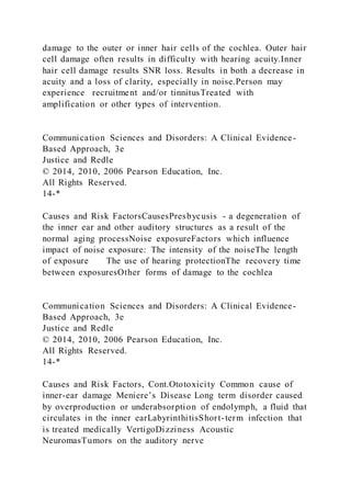 damage to the outer or inner hair cells of the cochlea. Outer hair
cell damage often results in difficulty with hearing acuity.Inner
hair cell damage results SNR loss. Results in both a decrease in
acuity and a loss of clarity, especially in noise.Person may
experience recruitment and/or tinnitusTreated with
amplification or other types of intervention.
Communication Sciences and Disorders: A Clinical Evidence-
Based Approach, 3e
Justice and Redle
© 2014, 2010, 2006 Pearson Education, Inc.
All Rights Reserved.
14-*
Causes and Risk FactorsCausesPresbycusis - a degeneration of
the inner ear and other auditory structures as a result of the
normal aging processNoise exposureFactors which influence
impact of noise exposure: The intensity of the noiseThe length
of exposure The use of hearing protectionThe recovery time
between exposuresOther forms of damage to the cochlea
Communication Sciences and Disorders: A Clinical Evidence-
Based Approach, 3e
Justice and Redle
© 2014, 2010, 2006 Pearson Education, Inc.
All Rights Reserved.
14-*
Causes and Risk Factors, Cont.Ototoxicity Common cause of
inner-ear damage Meniere’s Disease Long term disorder caused
by overproduction or underabsorption of endolymph, a fluid that
circulates in the inner earLabyrinthitisShort-term infection that
is treated medically VertigoDizziness Acoustic
NeuromasTumors on the auditory nerve
 