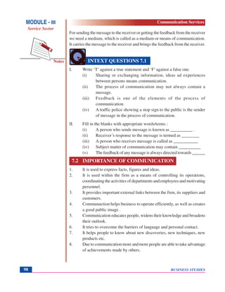 BUSINESS STUDIES98
Notes INTEXT QUESTIONS 7.1
For sending the message to the receiver or getting the feedback from the receiver
we need a medium, which is called as a medium or means of communication.
It carries the message to the receiver and brings the feedback from the receiver.
I. Write ‘T’ against a true statement and ‘F’ against a false one.
(i) Sharing or exchanging information, ideas ad experiences
between persons means communication.
(ii) The process of communication may not always contain a
message.
(iii) Feedback is one of the elements of the process of
communication.
(iv) A traffic police showing a stop sign to the public is the sender
of message in the process of communication.
II. Fill in the blanks with appropriate words/terms :
(i) A person who sends message is known as __________ .
(ii) Receiver’s response to the message is termed as ________
(iii) A person who receives message is called as ___________
(iv) Subject matter of communication may contain __________
(v) The feedback of any message is always directed towards ______
7.2 IMPORTANCE OF COMMUNICATION
1. It is used to express facts, figures and ideas.
2. It is used within the firm as a means of controlling its operations,
coordinating the activities of departments and employees and motivating
personnel.
3. It provides important external links between the firm, its suppliers and
customers.
4. Communaction helps business to operate efficiently, as well as creates
a good public image .
5. Communication educates people, widens their knowledge and broadens
their outlook.
6. It tries to overcome the barriers of language and personal contact.
7. It helps people to know about new discoveries, new techniques, new
products etc.
8. Due to communication more and more people are able to take advantage
of achievements made by others.
MODULE - III
Service Sector
Communication Services
 
