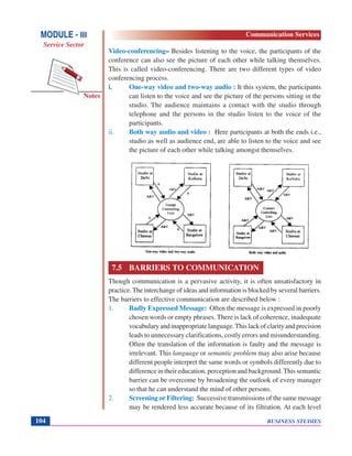 BUSINESS STUDIES104
Notes
Video-conferencing– Besides listening to the voice, the participants of the
conference can also see the picture of each other while talking themselves.
This is called video-conferencing. There are two different types of video
conferencing process.
i. One-way video and two-way audio : It this system, the participants
can listen to the voice and see the picture of the persons sitting in the
studio. The audience maintains a contact with the studio through
telephone and the persons in the studio listen to the voice of the
participants.
ii. Both way audio and video : Here participants at both the ends i.e.,
studio as well as audience end, are able to listen to the voice and see
the picture of each other while talking amongst themselves.
7.5 BARRIERS TO COMMUNICATION
Though communication is a pervasive activity, it is often unsatisfactory in
practice.The interchange of ideas and information is blocked by several barriers.
The barriers to effective communication are described below :
1. Badly Expressed Message: Often the message is expressed in poorly
chosen words or empty phrases. There is lack of coherence, inadequate
vocabularyandinappropriatelanguage.Thislackofclarityandprecision
leads to unnecessary clarifications, costly errors and misunderstanding.
Often the translation of the information is faulty and the message is
irrelevant. This language or semantic problem may also arise because
different people interpret the same words or symbols differently due to
difference in their education, perception and background.This semantic
barrier can be overcome by broadening the outlook of every manager
so that he can understand the mind of other persons.
2. Screening or Filtering: Successive transmissions of the same message
may be rendered less accurate because of its filtration. At each level
MODULE - III
Service Sector
Communication Services
 