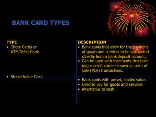 BANK CARD TYPES TYPE Check Cards or  ATM/Debit Cards Stored Value Cards DESCRIPTION Bank cards that allow for the payment of goods and services to be subtracted  directly  from a bank deposit account. Can be used with merchants that take major credit cards—known as point of sale (POS) transactions. Bank cards with preset, limited value.  Used to pay for goods and services. Alternative to cash. 