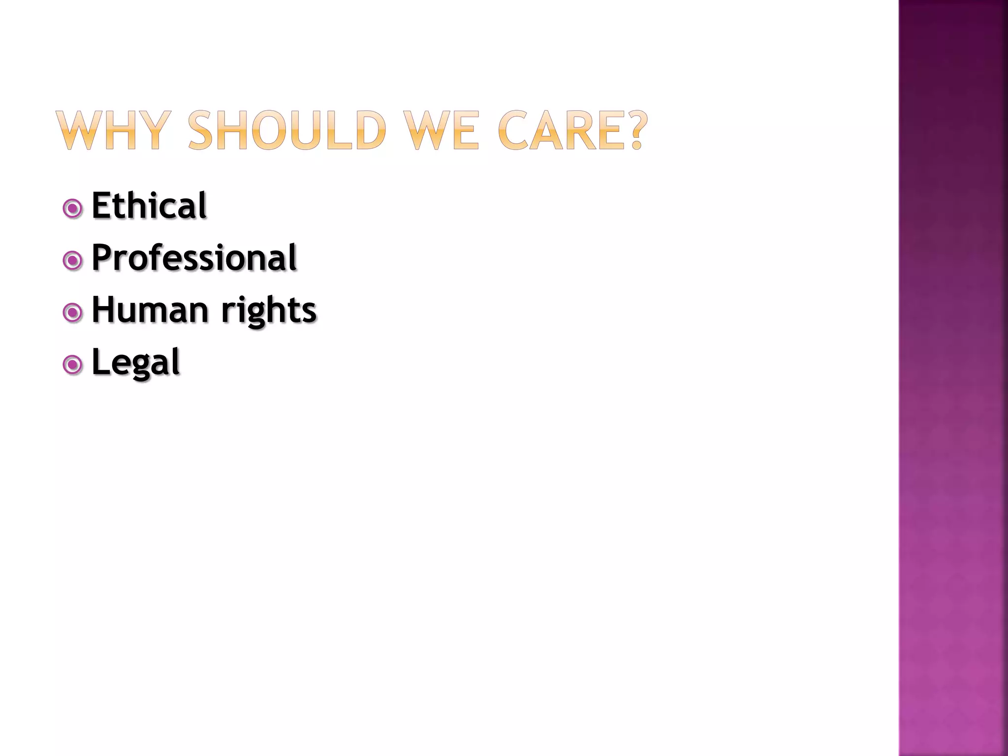  Ethical
 Professional
 Human rights
 Legal
 