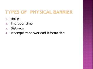 1. Noise
2. Improper time
3. Distance
4. Inadequate or overload information
 
