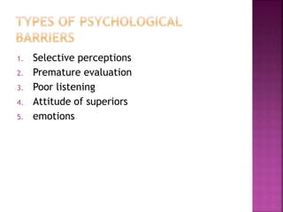 1. Selective perceptions
2. Premature evaluation
3. Poor listening
4. Attitude of superiors
5. emotions
 
