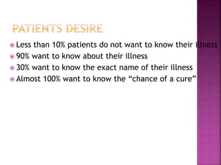  Less than 10% patients do not want to know their illness
 90% want to know about their illness
 30% want to know the exact name of their illness
 Almost 100% want to know the “chance of a cure”
 