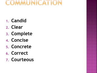 1. Candid
2. Clear
3. Complete
4. Concise
5. Concrete
6. Correct
7. Courteous
 
