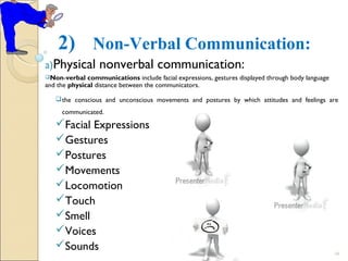 2) Non-Verbal Communication:
a)Physical nonverbal communication:
Non-verbal communications include facial expressions, gestures displayed through body language
and the physical distance between the communicators.
the conscious and unconscious movements and postures by which attitudes and feelings are
communicated.
Facial Expressions
Gestures
Postures
Movements
Locomotion
Touch
Smell
Voices
Sounds 16
 