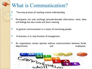 What is Communication?
  Two-way process of reaching mutual understanding.
 Participants not only exchange (encode-decode) information, news, ideas
and feelings but also create and share meaning.
 In general, communication is a means of connecting people.
 In business, it is a key function of management.
 An organization cannot operate without communication between levels,
departments and employees. 
3
 