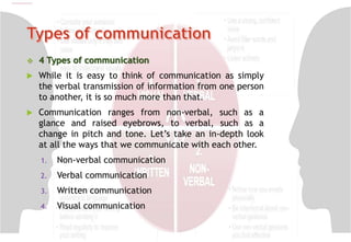  4 Types of communication
 While it is easy to think of communication as simply
the verbal transmission of information from one person
to another, it is so much more than that.
 Communication ranges from non-verbal, such as a
glance and raised eyebrows, to verbal, such as a
change in pitch and tone. Let’s take an in-depth look
at all the ways that we communicate with each other.
1. Non-verbal communication
2. Verbal communication
3. Written communication
4. Visual communication
 