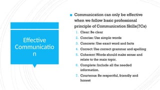 Effective
Communicatio
n
▪ Communication can only be effective
when we follow basic professional
principle of Communication Skills(7Cs)
1. Clear: Be clear
2. Concise: Use simple words
3. Concrete: Use exact word and facts
4. Correct: Use correct grammar and spelling
5. Coherent:Words should make sense and
relate to the main topic.
6. Complete: Include all the needed
information.
7. Courteous: Be respectful, friendly and
honest
 