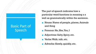 Basic Part of
Speech
The part of speech indicates how a
particular word functions in meaning a s
well as grammatically within the sentence.
▪ Nouns: Name of people, places, Animals
and thing
▪ Pronoun: He, She,You, I
▪ Adjectives: Salty, Spicy, etc.
▪ Verbs:Walk, talk, etc.
▪ Adverbs: Slowly, quickly, etc.
 