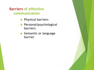 Barriers of effective
communication
 Physical barriers
 Personal/psychological
barriers
 Semantic or language
barrier
 