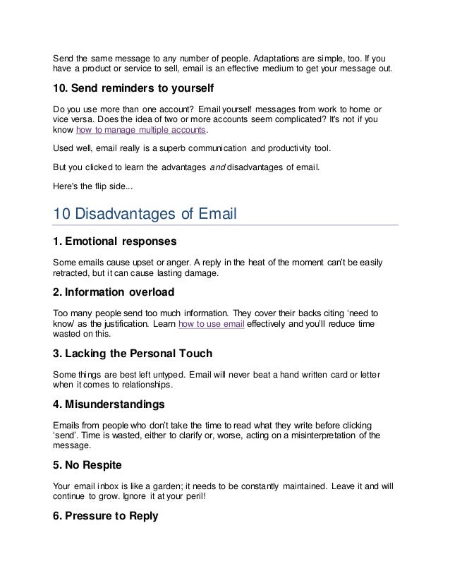 Ten advantage and disadvantage of email