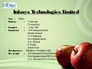 Infosys Technologies Limited 
• Type : Public 
• Industry : IT services 
• IT consulting 
• Founded : 2 July 1981 
• Founder(s) : N R Narayana Murthy 
Nandan Nilekani 
N. S. Raghavan 
Kris Gopalakrishnan 
S. D. Shibulal 
K Dinesh 
Ashok Arora 
• Headquarters : Bengaluru, Karnataka, India 
• Key people : N R Narayana Murthy(Chairman) 
Kris Gopalakrishnan(CEO & MD) 
S. D. Shibulal(COO & Director) 
 